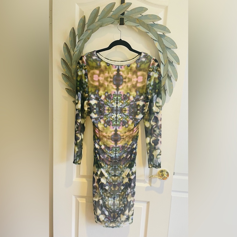 Kay Unger Green and Purple Patterned Long Sleeve Dress